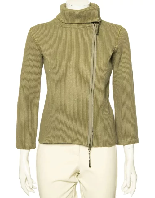 Emporio Armani Olive Green Rib Knit Zip Front Long Sleeve Jacket