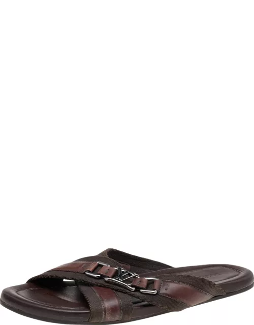 Louis Vuitton Brown Leather And Fabric Cross Strap Logo Flat Sandal