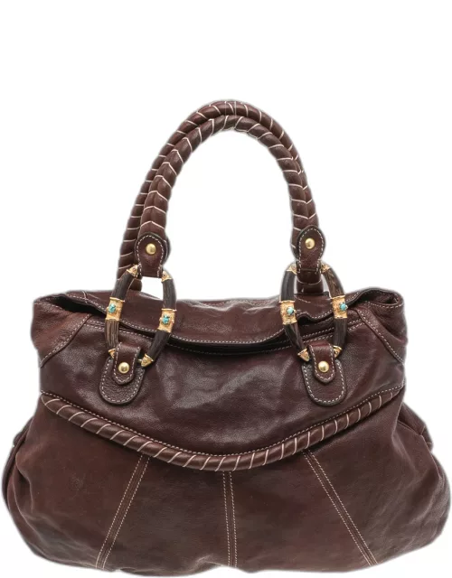 Valentino Brown Leather Braided Handle Shoulder Bag