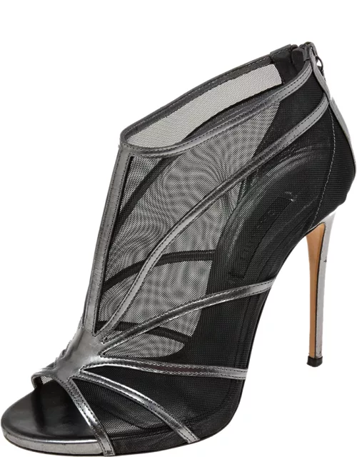 Casadei Metallic Grey/Black Leather and Mesh Open-Toe Ankle Bootie
