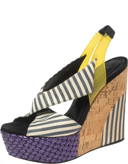 Dolce & Gabbana Multicolor Striped Fabric and PVC Cross Strap Slingback Wedge Sandal
