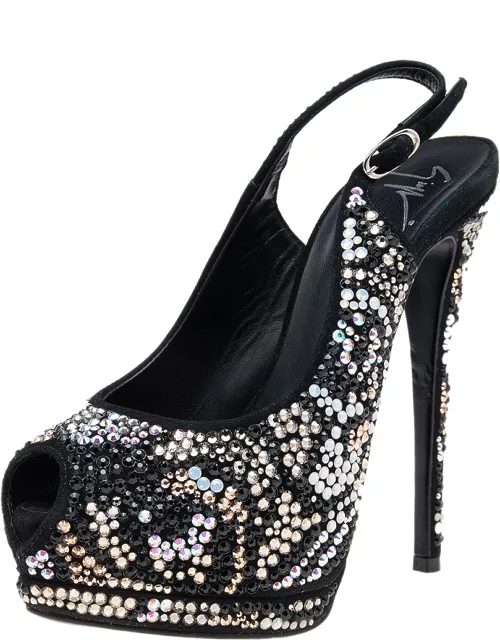 Giuseppe Zanotti Black Suede Crystal Embellished Sharon Peep Toe Platform Sandal