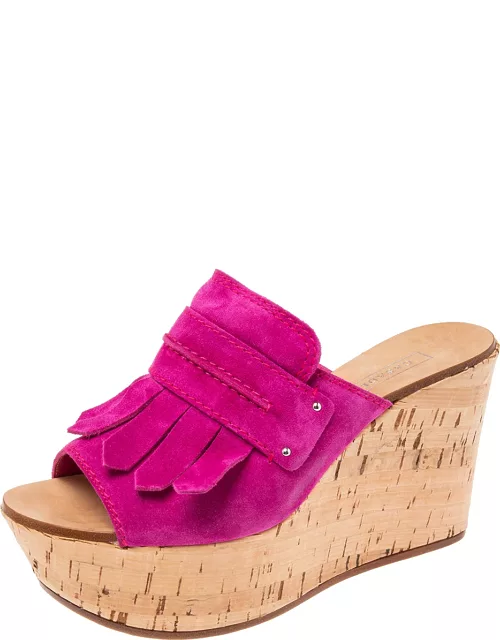 Casadei Pink Suede Tassel Open Toe Cork Platform Wedge Sandal