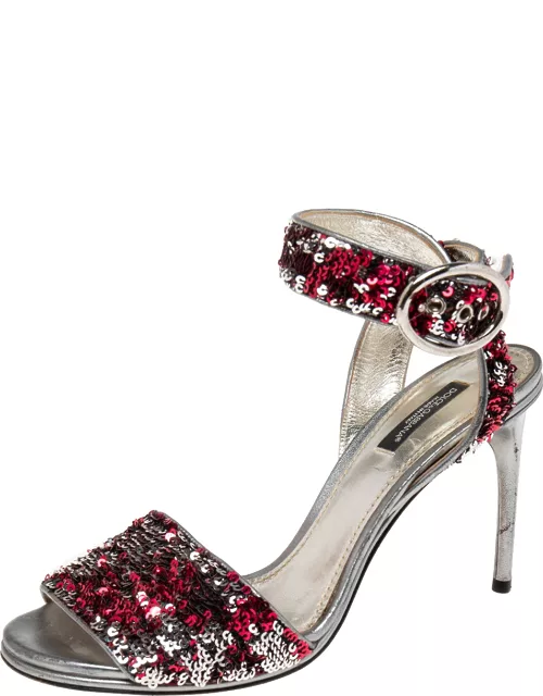 Dolce & Gabbana Pink/Silver Leather And Sequins Ankle Strap Sandal