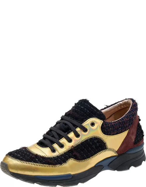 Chanel Multicolor Tweed Fabric And Leather CC Lace Up Sneaker