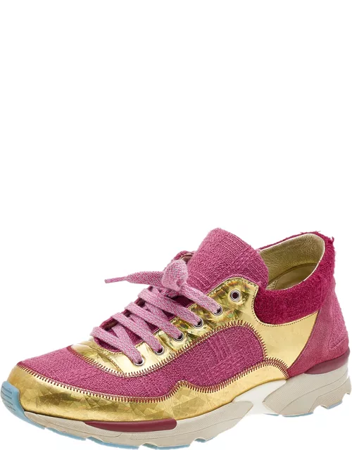 Chanel Pink/Gold Tweed Fabric And Patent Leather CC Lace Up Sneaker
