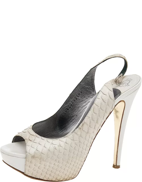 Gina White Python Leather Peep Toe Platform Slingback Sandal