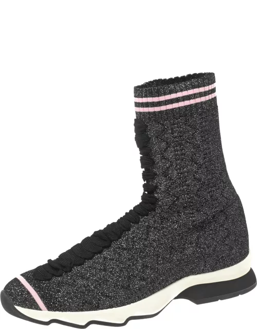 Fendi Black/Silver Glitter Knit Fabric High-Top Sock Sneaker