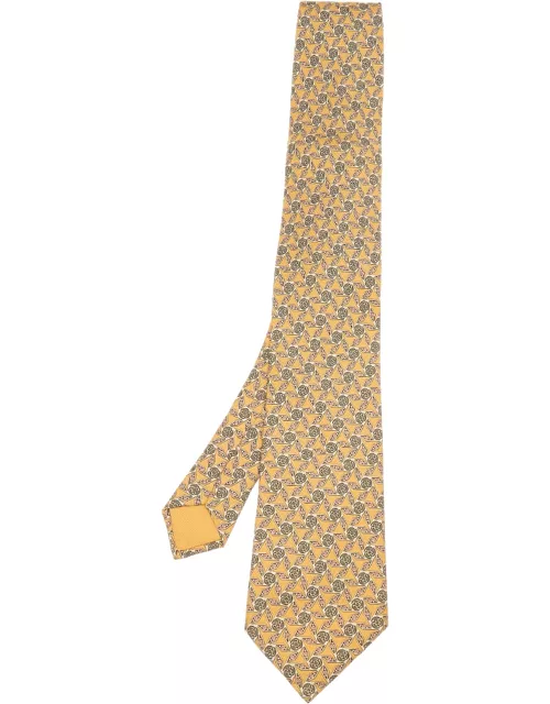 Hermes Yellow Geometric Floral Printed Silk Tie