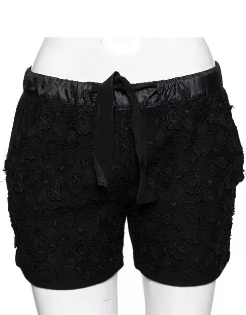 Moncler Black Cotton Floral Applique Shorts