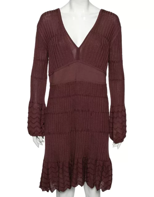 M Missoni Burgundy Patterned Knit Long Sleeve V-Neck Dress