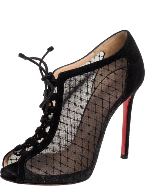 Christian Louboutin Black Mesh and Suede Lace-Up Peep-Toe Bootie