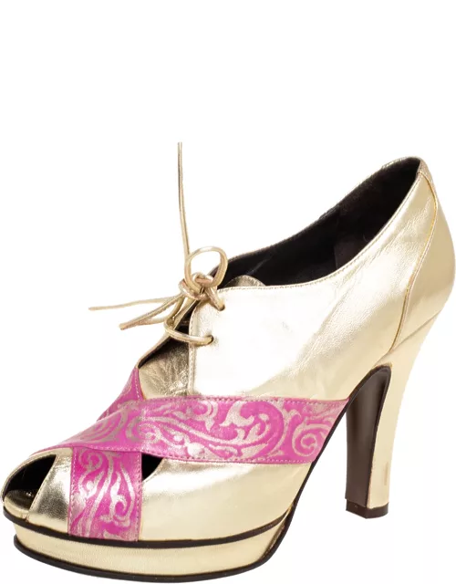 Fendi Metallic Gold/Pink Printed and Leather Peep-Toe Lace-Up Ankle Bootie