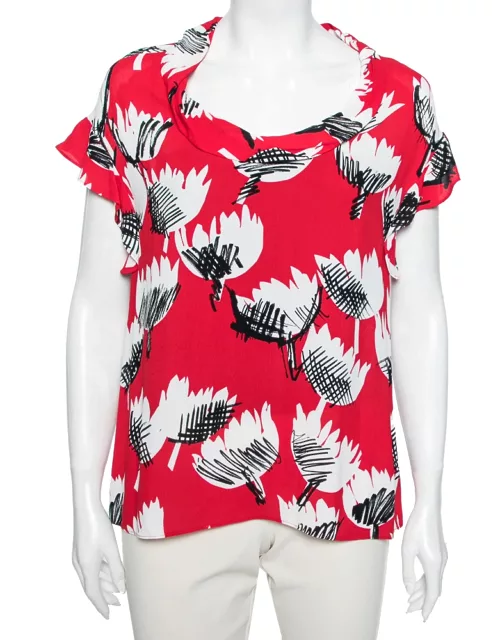Boutique Moschino Red Printed Crepe Ruffle Cap Sleeves Top