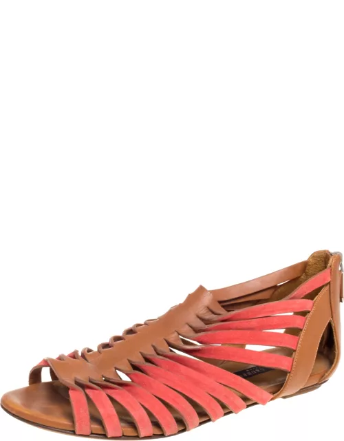 Ralph Lauren Collection Tan/Red Leather and Suede Flat Gladiator Sandal