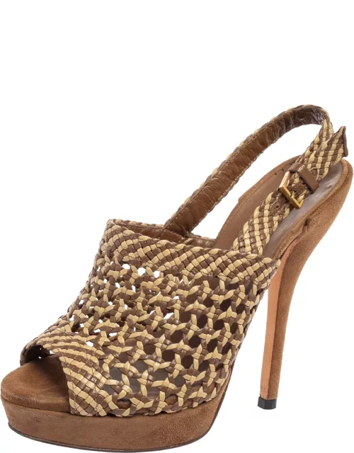 Gucci Brown/Beige Woven Leather Kyligh Slingback Platform Sandal