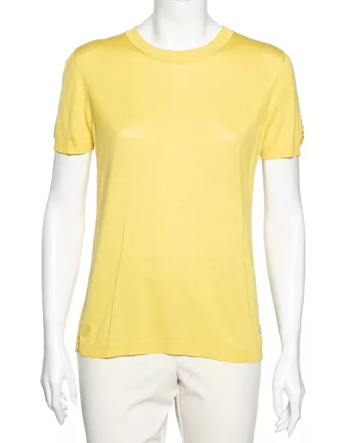 Roberto Cavalli Yellow Silk Knit Cut-Out Pattern Detailed Top