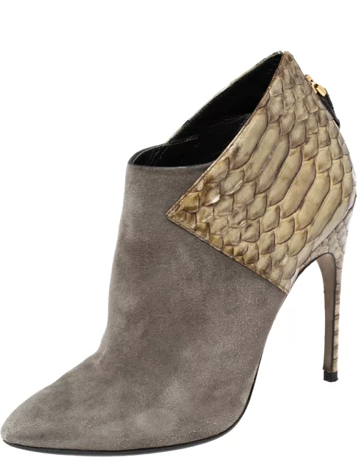 Sergio Rossi Light Olive Green Suede and Python Leather Ankle Bootie