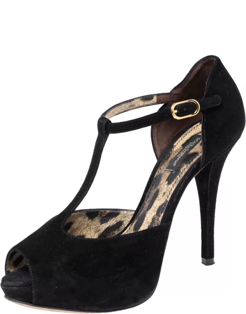 Dolce & Gabbana Black Suede T-Bar Peep-Toe Platform Sandal