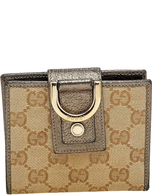 Gucci Beige/Pewter GG Canvas and Leather D Ring Compact Wallet