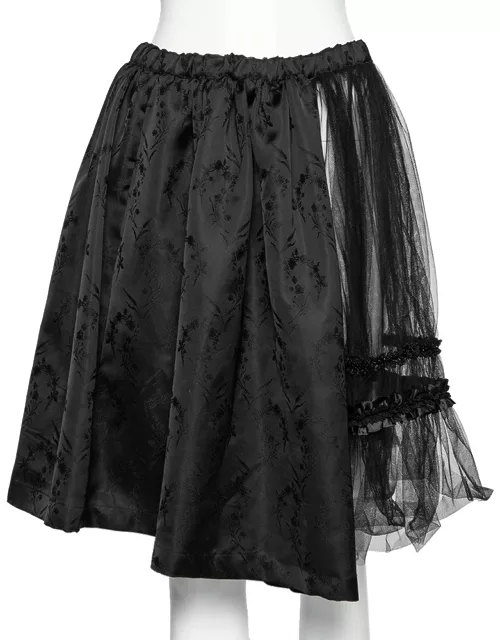 Comme des Garcons Black Mesh and Floral Embroidered Silk Ruffled Detailed Skirt