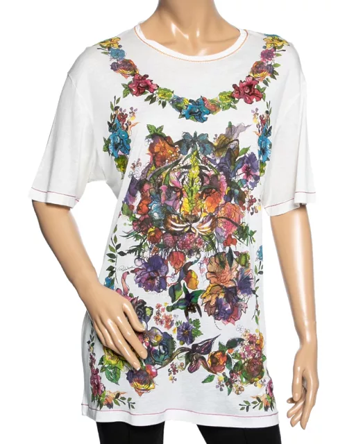 Roberto Cavalli White Floral Printed Modal Knit T-Shirt
