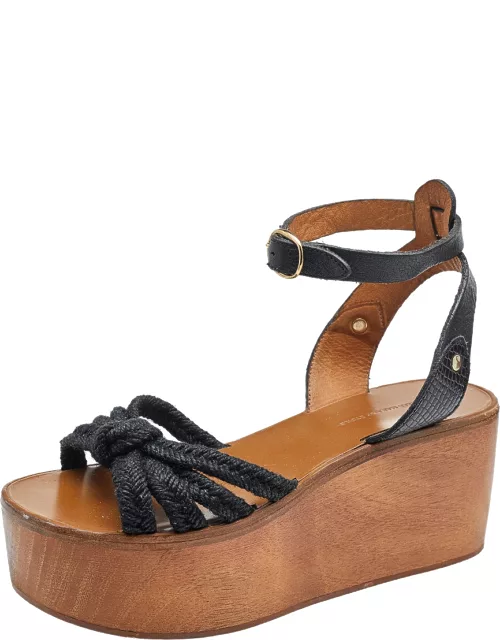 Isabel Marant Black Jute And Leather Knotted Wedge Platform Ankle Strap Sandal