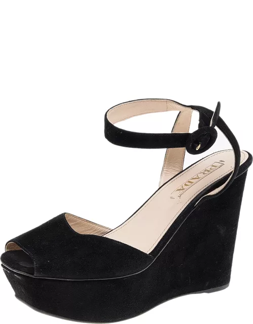 Prada Black Suede Wedge Platform Ankle Strap Sandal