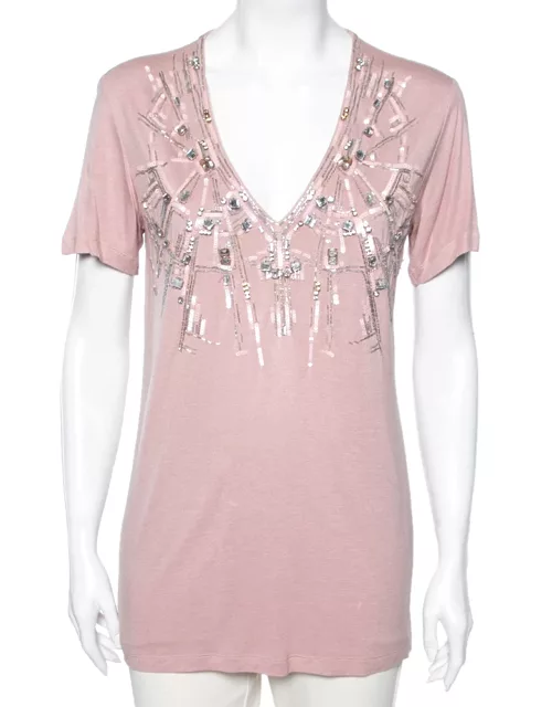 Roberto Cavalli Pink Jersey Embellished V-Neck Short Sleeve T-Shirt