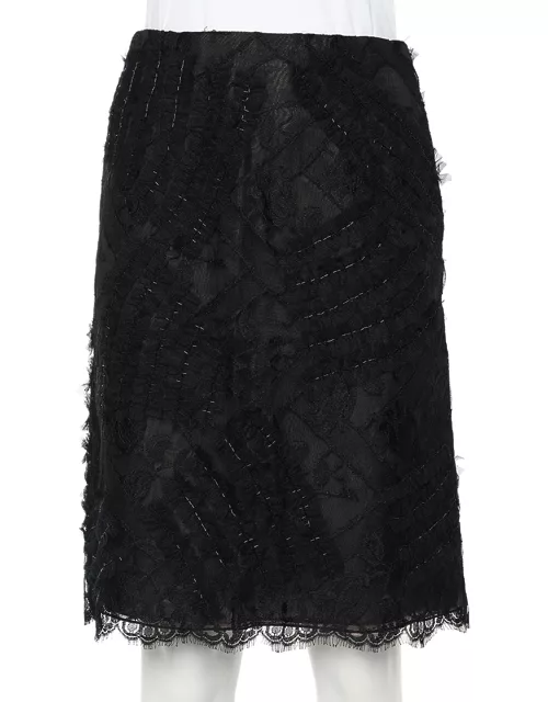 Oscar De La Renta Black Lace & Tulle Embellished Pencil Skirt
