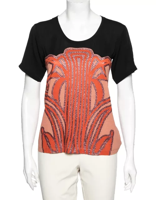 Gucci Black-Orange Cotton and Silk Glitter Patterned Short Sleeve Top