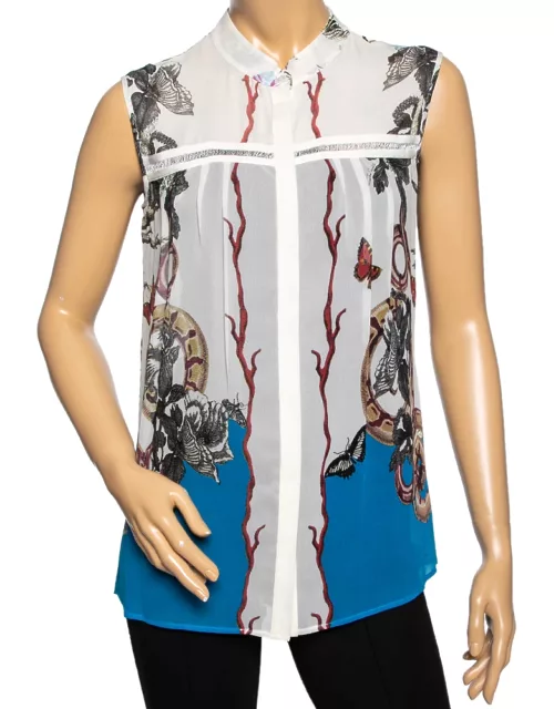 Roberto Cavalli White and Blue Printed Silk Sleeveless Button Front Top