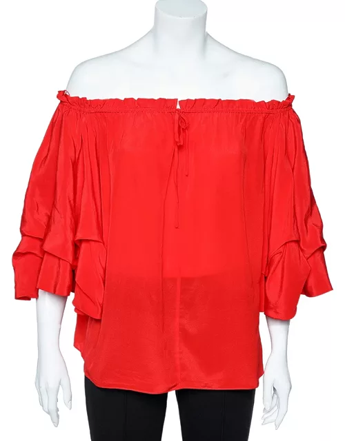 Diane von Furstenberg Red Silk Off Shoulder Ruffled Top