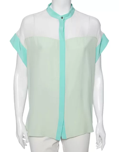 Roberto Cavalli Green and White Silk Short Sleeve Shirt