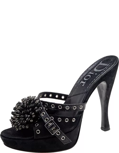 Dior Black Perforated Suede And Python Embellished Platform Slide Sandal