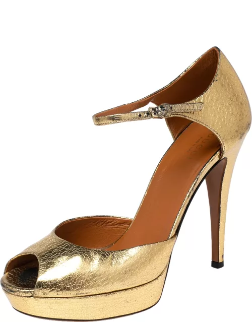 Gucci Gold Leather Ankle Strap Peep Toe Platform Sandal