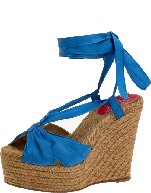 Christian Louboutin Blue Silk Wedge Espadrille Ankle Wrap Sandal