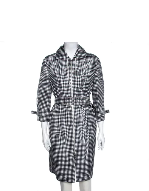 Prada Monochrome Checkered Silk Zip Front Belted Coat