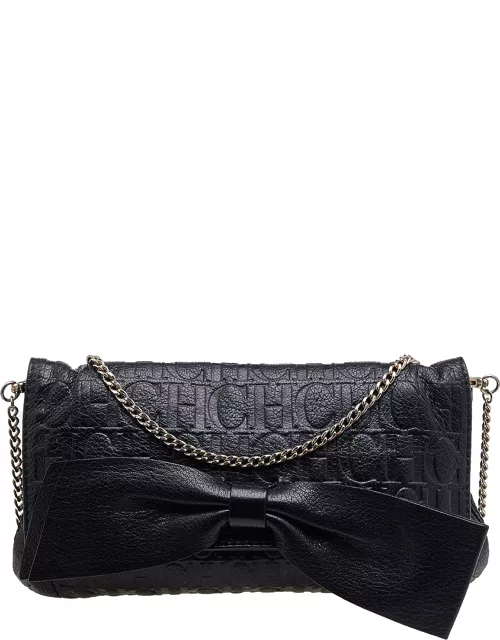 Carolina Herrera Black Embossed Leather Audrey Bow Flap Shoulder Bag