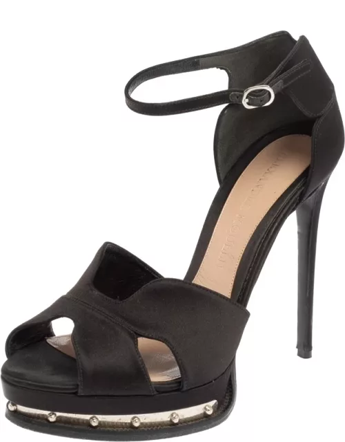 Alexander McQueen Black Satin Studded Platform Ankle-Strap Sandal