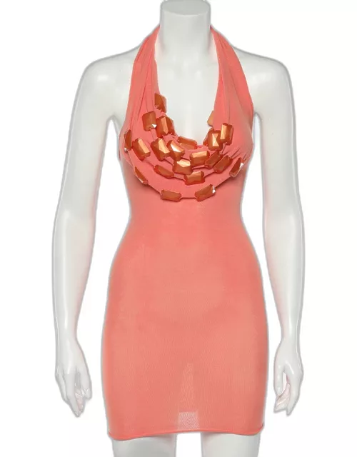 Emporio Armani Orange Knit Embellished Detail Halter Neck Mini Dress