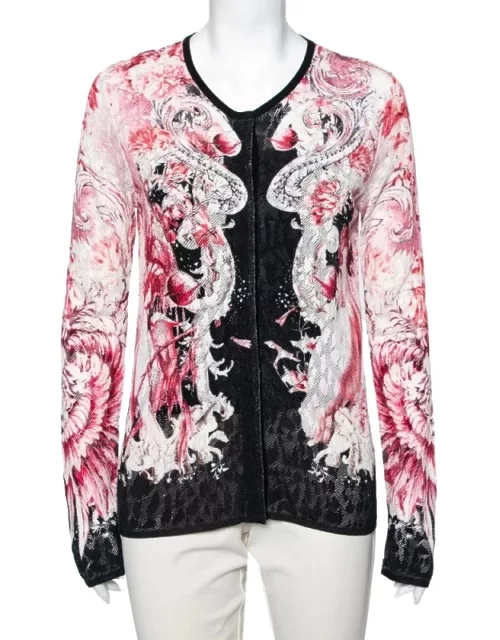 Roberto Cavalli Pink Printed Perforated Knit Button Front Cardigan