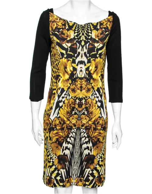 Roberto Cavalli Gold and Black Floral Printed Jersey Dress