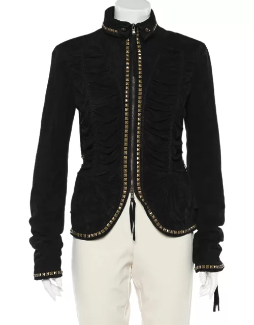 Roberto Cavalli Black Studded Suede Zip Front Ruched Jacket