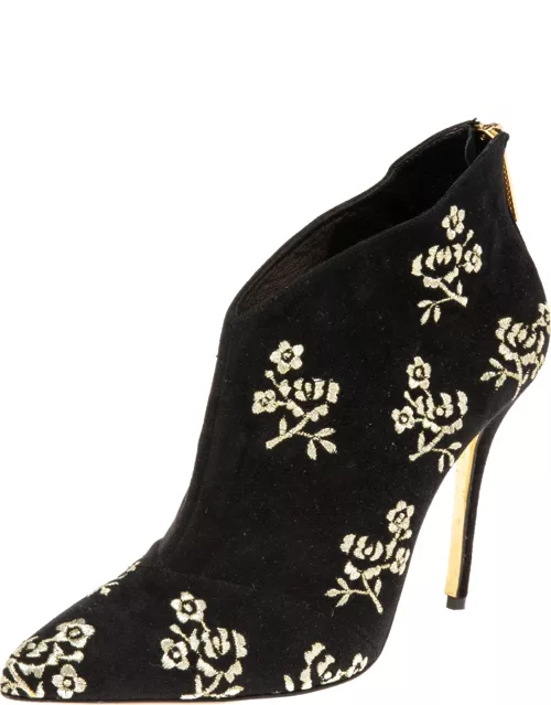 Oscar de la Renta Black Suede Flower Embroidery Ankle Boot
