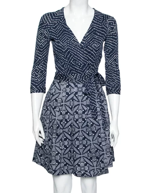 Diane von Furstenberg Blue & White Printed Cotton Jewel Wrap Dress