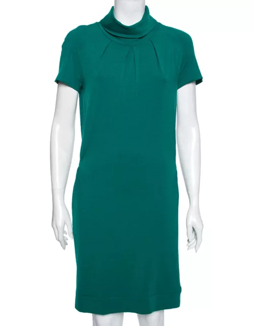 Roberto Cavalli Green Wool Pleated Front Turtleneck Belted Dress