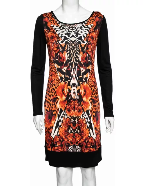 Roberto Cavalli Black and Orange Printed Jersey Long Sleeve Dress