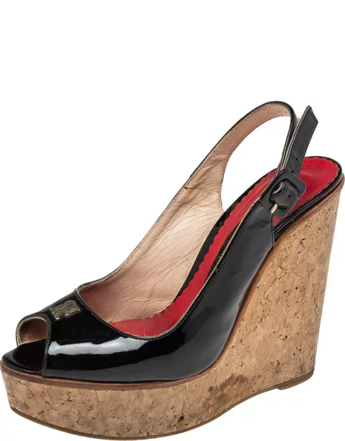 CH Carolina Herrera Black Patent Leather Peep-Toe Cork Wedge Platform Slingback Sandal