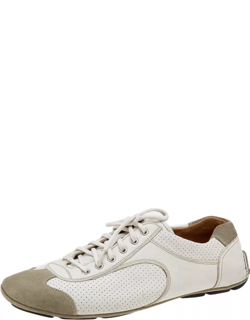 Prada White/Grey Leather And Suede Perforated Low Top Sneaker